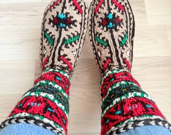 Hand Knitted Wool Socks: Warm Winter Booties, Sizes 5-11