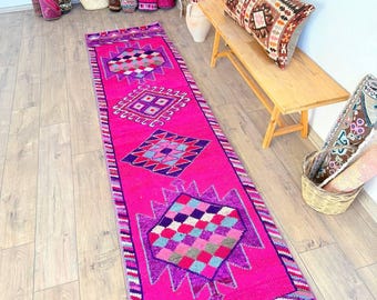 Alfombra de lana anudada a mano: diseño tribal vintage (3,17 x 0,73 m) estilo marroquí.