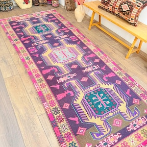 Vintage Turkish Runner Rug: Hand-Knotted Organic Wool  10.7 x 4.3 Feet 398 Oushak Rug