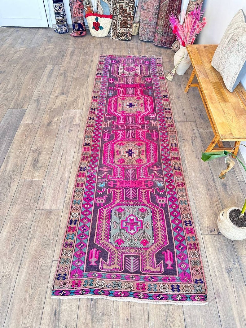 Turkish Rug antique rug , vintage rug ,10 x 2.9 ft , oushak rug , bedroom rug , wool rug, faded rug , floral rug Turkis 202 image 2