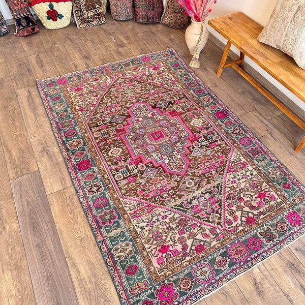 Turkish Large rug , Oushak rug - Vintage Turkish rug  kitchen floor rug - Rustic Oushak rug Tribal rug 7.2 x 4.5 Feet  203