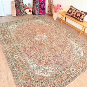 Hand Knotted Organic Wool Oushak Rug - 10.7 x 7.9 ft - Vintage Turkish Area Rug