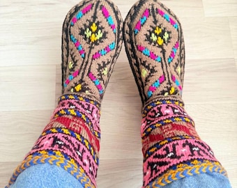 Hand Knitted Wool Socks: Warm Winter Booties,  Sizes  5-11