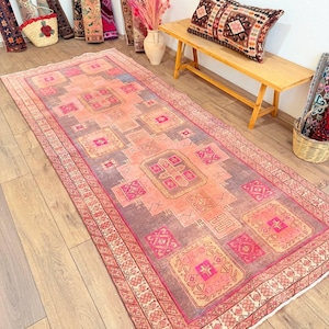 Handknotted Oushak Runner Rug:10.1 x 4.2 Feet 385 Vintage Oriental Kilim Moroccan Rug