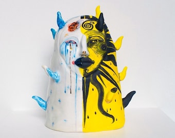 Handmade Ceramic Sun and Moon Sculpture: Necklace Holder, Contemporary Art