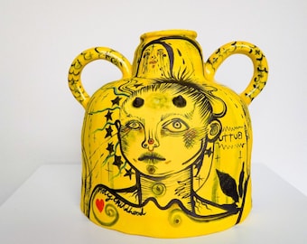 Ceramic Fine Art Vase, High Detail Hand Illustrated, Graphic Novel Style, Yellow and Black