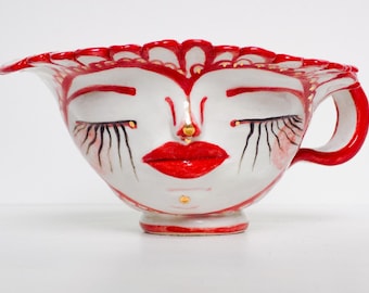 Handmade Flower Petal Stoneware Face Planter, Red Lip Teacup Trinket Dish