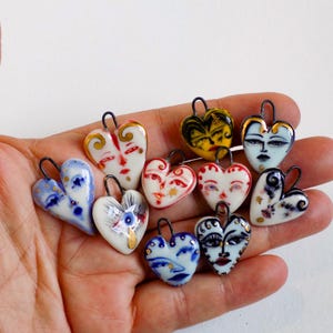 Porcelain Heart Face Charms, Gold Details, Wearable Art