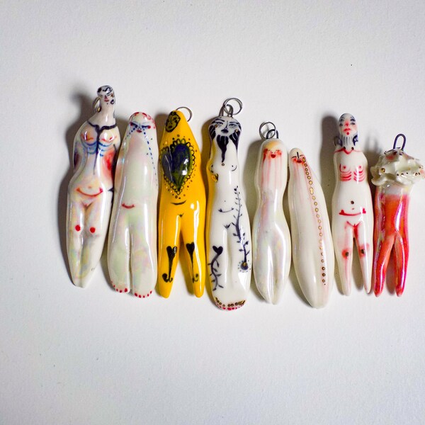 Colourfull Porcelain Little Ladies, Wearable art, Hanging art object