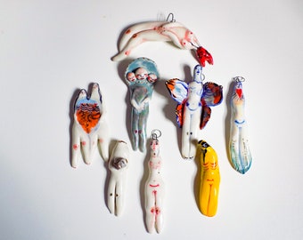 Porcelain Gold Little Ladies with Hooks, Displayable or Wearable