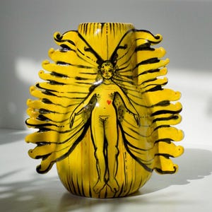 Può includere: Un vaso di ceramica giallo con una figura stilizzata ed estensioni a forma di ali. La figura è delineata in nero con un cuore rosso. Il vaso è alto circa 25 cm.