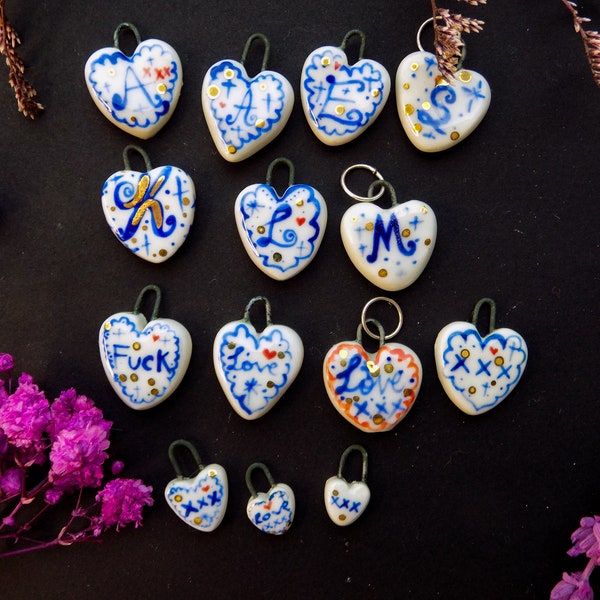 Porcelain Heart Charms with Letters
