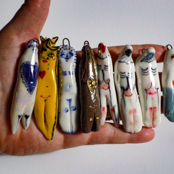 Colourful Handillustrated Porcelain Little ladies one of a kind designs finished with gold