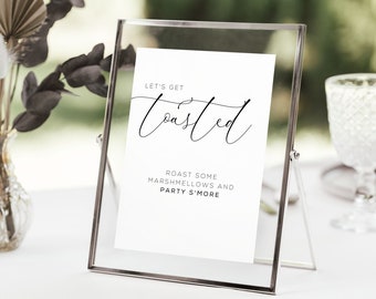 Lets Get Toasted Hochzeitsschild Vorlage, Digitaler Download, Gebratener Marshmallow, S'mores, Empfangsschild, Canva, Hochzeit im Freien, Party Schild