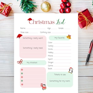 Kinder Weihnachten Wunschliste, druckbare Geschenk Wunschliste, Kinder X-Mas Wunschliste, Brief an Santa, Kinder Urlaub Wunschliste, sofort-Download