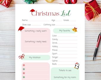 May include: A printable Christmas list with sections for personal information, favorite things, a wishlist, and a place to write down tickets to see and something for the room. The list is decorated with Christmas-themed illustrations.