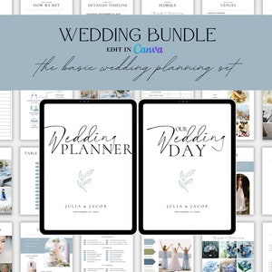 Könnte beinhalten: Ein Hochzeits-Planungspaket in blau-weißer Farbgebung. Das Paket beinhaltet einen Hochzeitsplaner und eine Checkliste für den Hochzeitstag. Der Text "Wedding Bundle" und "Edit in Canva" ist auf dem Bild zu sehen.