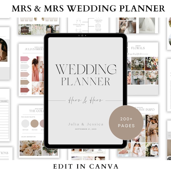 200+ Pages LGBTQ Wedding Planner Digital Template, Canva, Ultimate Wedding Guide, Gay Lesbian Wedding, Checklists, Timelines, Mrs & Mrs