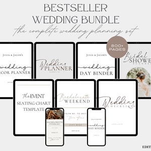 May include: A digital wedding planning bundle with over 800 pages of printable checklists, seating charts, and decor planners. The bundle includes a bridal shower planner, bachelorette weekend planner, and wedding day binder.