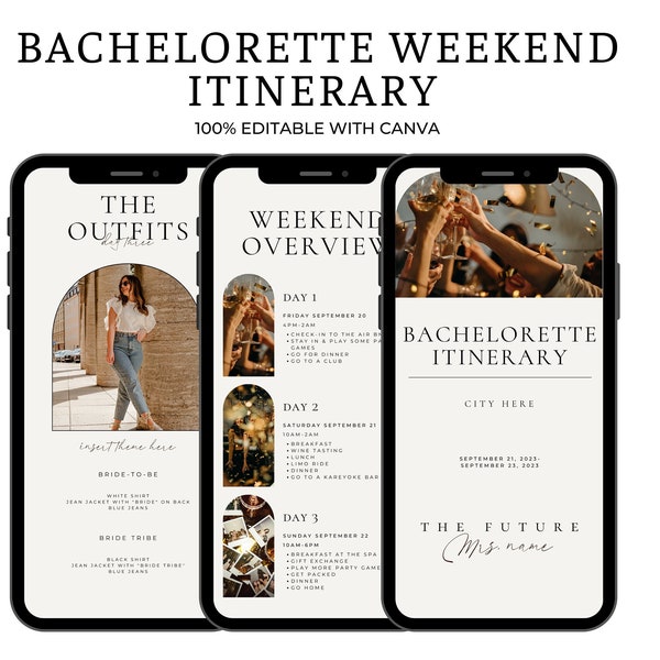 Bachelorette Itinerary Template For Mobile, Weekend Itinerary, Digital Invitation, Bachelorette Weekend, Itinerary Planner Template, Canva