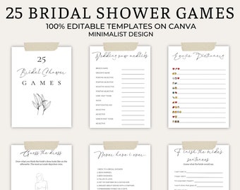 May include: A collection of six printable bridal shower games on white paper, including "25 Bridal Shower Games" and "Wedding Mad Libs." The templates are minimalist in design and include editable fields. The text is in black.