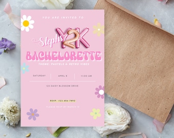 Pink Retro Y2K Bachelorette Invitation, Floral, Instant Download on Canva, Fun Vintage Hens Party Wedding Engaged Engagement Boho Hippie