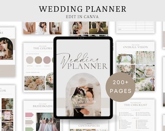 200+ Pages Minimalist Wedding Planner Digital Template, Edit in Canva, Ultimate Wedding Guide, Decor Planner, Wedding Checklists, Timelines