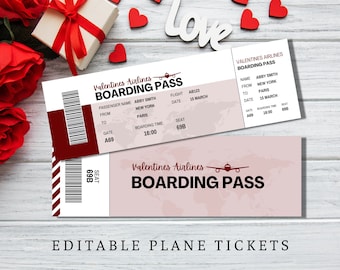 May include: Two printable boarding passes for Valentines Airlines. The top pass has the text "Valentines Airlines Boarding Pass" and the bottom pass has the text "Valentines Airlines Boarding Pass". Both passes have a red airplane icon and a world map background.