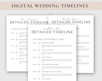 Plantilla de línea de tiempo de boda digital, plantilla de itinerario de programación de bodas, Canva, itinerario de boda, coordinador de bodas, planificador de bodas