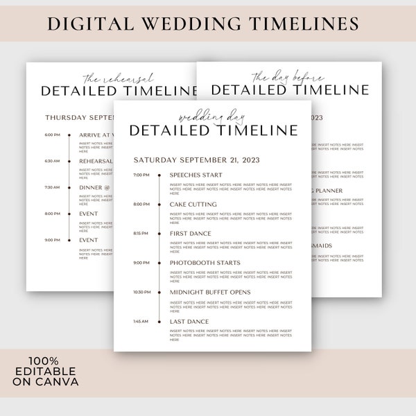 Plantilla de línea de tiempo de boda digital, plantilla de itinerario de programación de bodas, Canva, itinerario de boda, coordinador de bodas, planificador de bodas