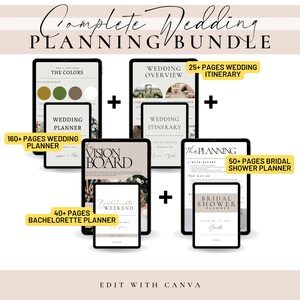 May include: A complete wedding planning bundle displayed on tablets and phones. The bundle includes a wedding planner, itinerary, vision board, bachelorette planner, and bridal shower planner. The text on the image says "Complete Wedding Planning Bundle".
