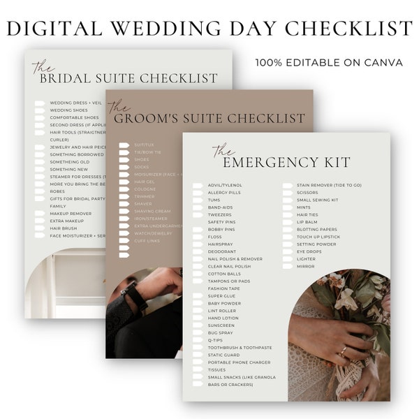 Digital Wedding Day Checklist For Wedding Party Template, Canva, MOH, Maid of Honour Checklist, Groomsmen, Best Man, Emergency Kit