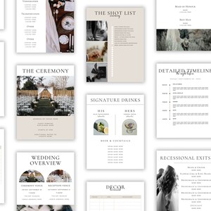 May include: A set of printable wedding planning checklists and guides with a minimalist aesthetic. The checklists include sections for the ceremony, reception, timeline, and more.