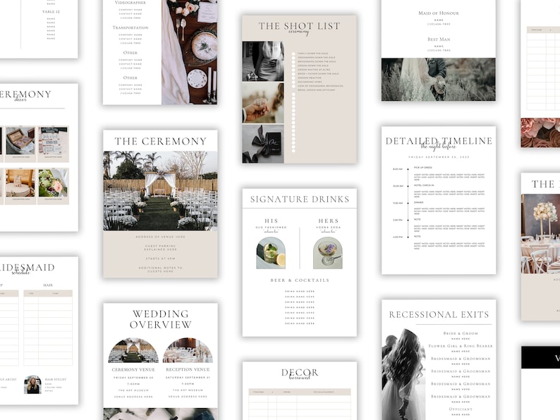 May include: A set of printable wedding planning checklists and guides with a minimalist aesthetic. The checklists include sections for the ceremony, reception, timeline, and more.