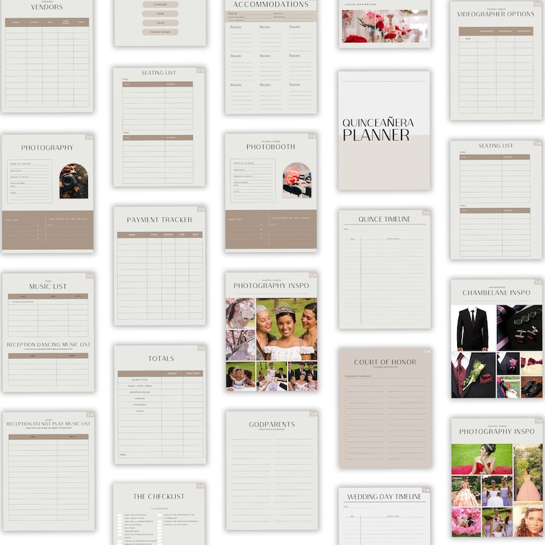 May include: A printable Quincea&ntilde;era planner with a beige background and brown text. The planner includes sections for vendors, seating list, payment tracker, music list, photography, photo booth, photography inspiration, godparents, quince timeline, court of honor, wedding day timeline, chambelane inspiration, and accommodations.