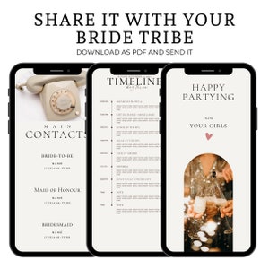 May include: A printable checklist for a bridal party weekend. The checklist includes a timeline for the weekend, a list of main contacts, and a message from the bride's friends. The checklist is designed to be shared with the bridal party.