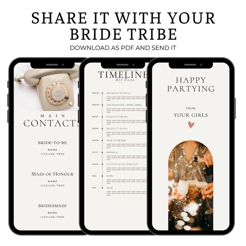 May include: A printable checklist for a bridal party weekend. The checklist includes a timeline for the weekend, a list of main contacts, and a message from the bride's friends. The checklist is designed to be shared with the bridal party.