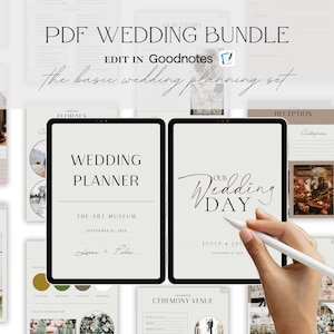 Könnte beinhalten: Ein digitales Hochzeits-Planer-Paket in Beige und Weiß. Das Paket beinhaltet einen Hochzeitsplaner, eine Checkliste für den Hochzeitstag und eine Checkliste für den Empfang. Der Planer trägt den Titel "Wedding Planner" und enthält den Text "The Art Museum, September 31, 2020, Lerma & Pedro". Die Checkliste für den Hochzeitstag trägt den Titel "Our Wedding Day" und enthält den Text "Julia & Jack, September 31, 2020".