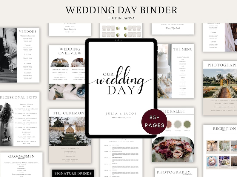 May include: A digital tablet displaying a wedding day binder with over 85 pages. The binder includes pages for vendors, wedding overview, the ceremony, recessional exits, groomsmen, signature drinks, photography, the menu, the pallet, and reception details. The text on the tablet reads "Our Wedding Day, Julia & Jacob, September 21, 2019".