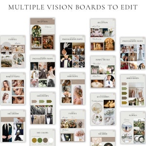 May include: A collection of 16 vision boards for a wedding, with categories such as florals, makeup, the groom, reception, photography inspiration, hair inspiration, down the aisle, accessories, bridesmaids, and the bride. Each board features images and text related to the category.