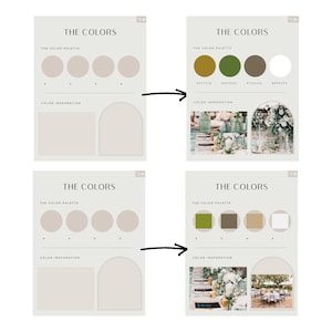 May include: A digital template for creating a color palette. The template includes a section for the color palette with four circles for color swatches and a section for color inspiration with two images of floral arrangements.