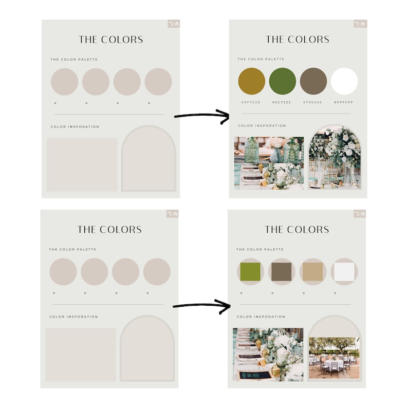 May include: A digital template for creating a color palette. The template includes a section for the color palette with four circles for color swatches and a section for color inspiration with two images of floral arrangements.