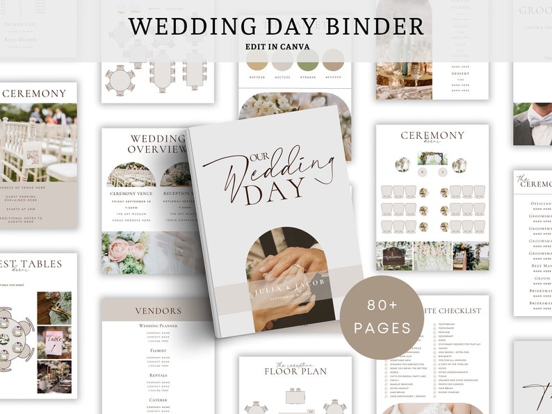 May include: A wedding day binder with a white cover and the text "Our Wedding Day" in black script. The binder includes pages for planning the ceremony, reception, guest tables, vendors, and a checklist. The binder is designed to be edited in Canva.