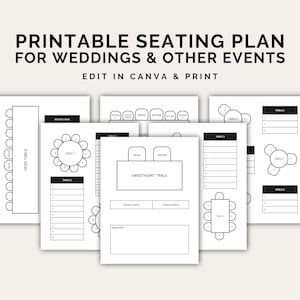 Puede incluir: Plantillas imprimibles de planos de asientos para bodas y otros eventos. El diseño incluye varios diseños de mesas, como mesas principales, mesas de novios y mesas redondas. El texto dice "Plan de asientos imprimible para bodas y otros eventos. Editar en Canva & Imprimir."