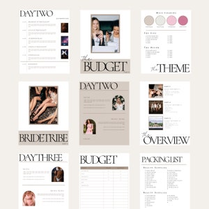 May include: A printable wedding planner with a beige background and black text. The planner includes sections for the budget, theme, overview, bride tribe, and packing list. The planner is designed for a wedding weekend with three days of events.