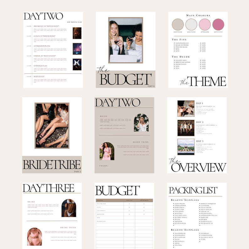 May include: A printable wedding planner with a beige background and black text. The planner includes sections for the budget, theme, overview, bride tribe, and packing list. The planner is designed for a wedding weekend with three days of events.