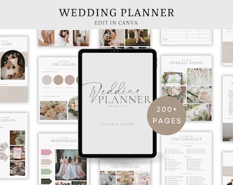 200+ Pages Minimalist Wedding Planner Digital Template, Edit in Canva, Ultimate Wedding Guide, Decor Planner, Wedding Checklists, Timelines