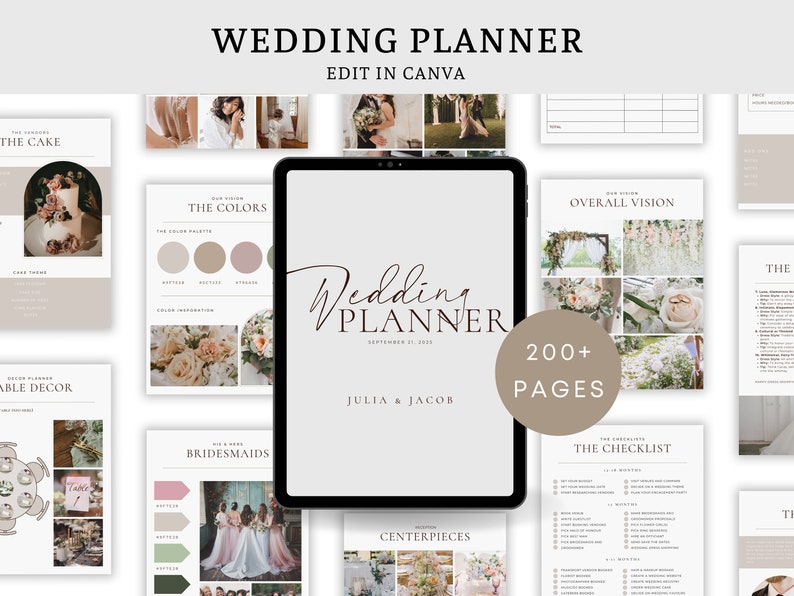 200 Pages Minimalist Wedding Planner Digital Template, Edit in Canva, Ultimate Wedding Guide, Decor Planner, Wedding Checklists, Timelines image 1