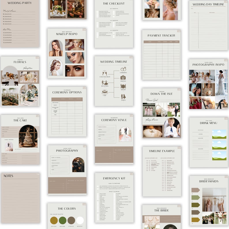 May include: A printable wedding planning checklist with sections for the wedding party, floral arrangements, the cake, makeup inspiration, ceremony options, photography, the colors, the checklist, wedding timeline, ceremony venue, emergency kit, payment tracker, down the aisle, timeline example, the bride, wedding day timeline, photography inspiration, drink menu, and bridesmaids.