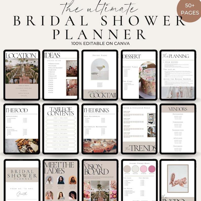 May include: A digital planner for a bridal shower with 50+ pages. The planner is 100% editable on Canva. The cover features the text "The ultimate bridal shower planner" in a bold, black font. The planner includes pages for location, ideas, drinks, dessert, the planning, the food, table of contents, the drinks, vendors, bridal shower planner, meet the ladies, vision board, and the trends.